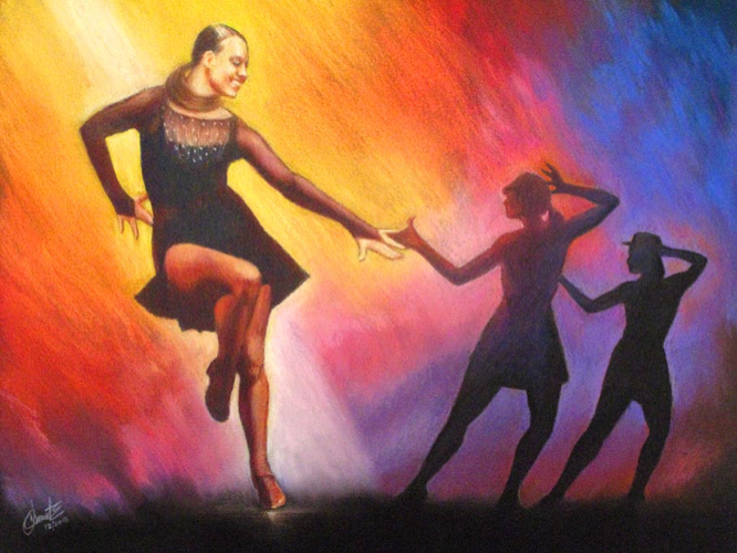 This is a pastel painting of a dance performance called Fosse's World.